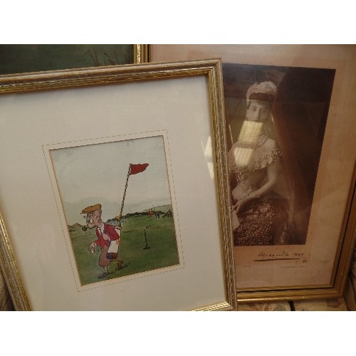 396 - 3 X VINTAGE FRAMED PICTURES. LARGE SCENE OF ELDERLY COUPLE WALKING, A GOLF PICTURE, AND A ROYAL PHOT... 