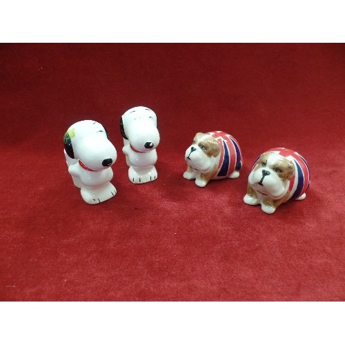 5 - BRITISH BULLDOG SALT AND PEPPER AND A PAIR OF SNOOPY PEANUTS POSY VASES WITH VALENTINE HEARTS - 7CM