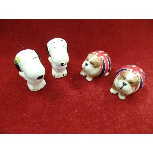 5 - BRITISH BULLDOG SALT AND PEPPER AND A PAIR OF SNOOPY PEANUTS POSY VASES WITH VALENTINE HEARTS - 7CM