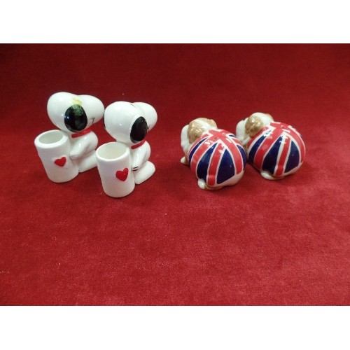 5 - BRITISH BULLDOG SALT AND PEPPER AND A PAIR OF SNOOPY PEANUTS POSY VASES WITH VALENTINE HEARTS - 7CM