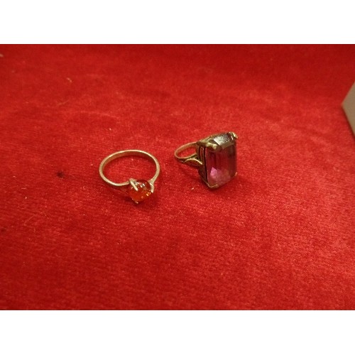 14 - 2 SILVER RINGS 1 WITH AMBER SIZE T THE OTHER WITH AMETHYST SIZE K