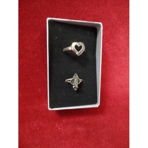 11 - 2 SILVER RINGS 1 HEART SHAPE WITH WHITE STONES THE OTHER MEXICAN WITH ABALONE SHELL