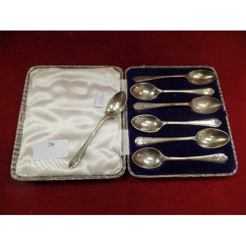 26 - BOXED SET OF SIX STERLING SILVER TEASPOONS BY WALKER & HALL, SHEFFIELD 1933 AND A 