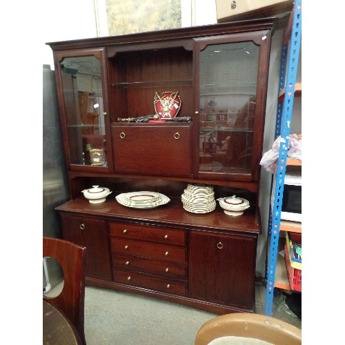 424 - LARGE STAG MINSTREL WALL UNIT, WITH DROP-DOWN GLASS CUPBOARD, DRAWERS, BEVELLED-GLASS DOORED SECTION... 