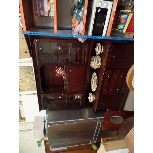 424 - LARGE STAG MINSTREL WALL UNIT, WITH DROP-DOWN GLASS CUPBOARD, DRAWERS, BEVELLED-GLASS DOORED SECTION... 