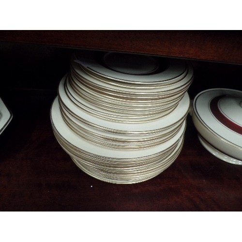 425 - TITIAN WARE DINNER SERVICE. 'ADAMS ROYAL IVORY' ENGLAND. IVORY & DEEP BURGUNDY. COMPRISES UNUSUAL 'O... 