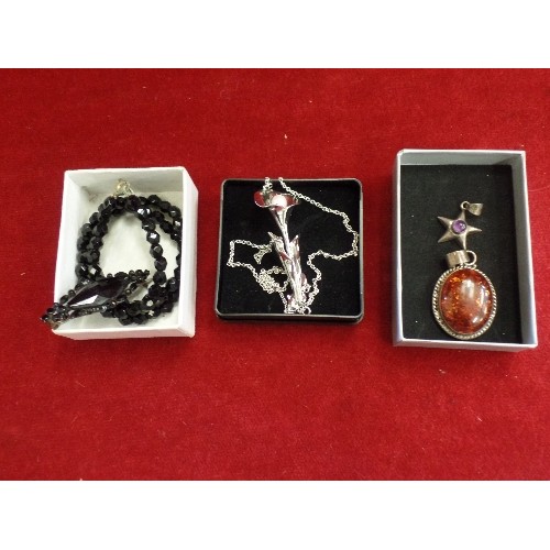 19 - COLLECTION OF 3 BOXES OF DRESS JEWELLERY 2 PENDANTS 1 AMBER 1 AMETHYST, BOX WITH VICTORIAN FRENCH JE... 