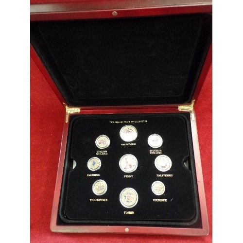 31 - BOXED COLLECTION OF 24CT GOLD PLATED AND PAINTED  BRITISH COINS - THREE TRAYS INC 