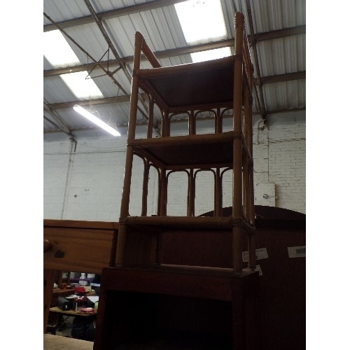 417 - 5 X SMALL CABINETS. MIXED SIZE AND VINTAGE. ALSO A SMALL CANE CONSERVATORY TABLE.