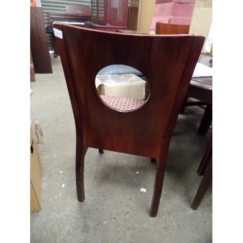 352 - RETRO-VINTAGE DINING CHAIRS X 4. WITH LARGE CIRCULAR CUT-OUT IN THE MIDDLE OF THE CHAIR-BACK. UPHOLS... 