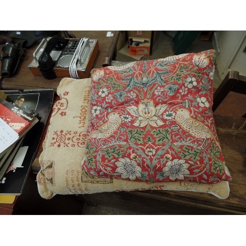 343 - 4 X GOOD QUALITY CUSHIONS. INC A DOG 'FIGHTER PILOT' CUSHION, & A LIBERTY PRINT CUSHION.