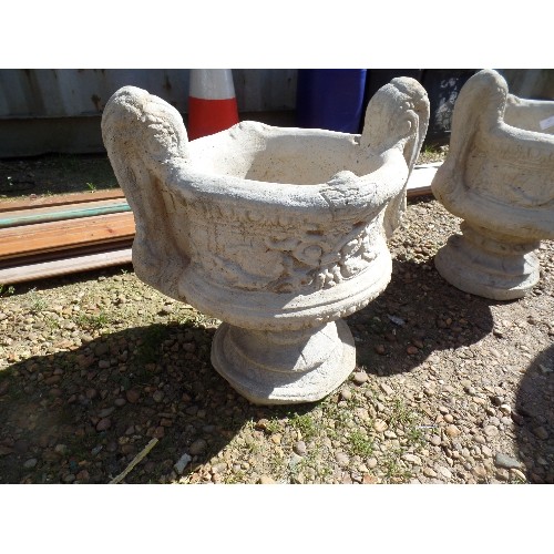 541 - A PAIR OF GRECIAN-STYLE, 2-HANDLED GARDEN URNS.