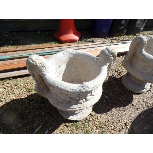 541 - A PAIR OF GRECIAN-STYLE, 2-HANDLED GARDEN URNS.