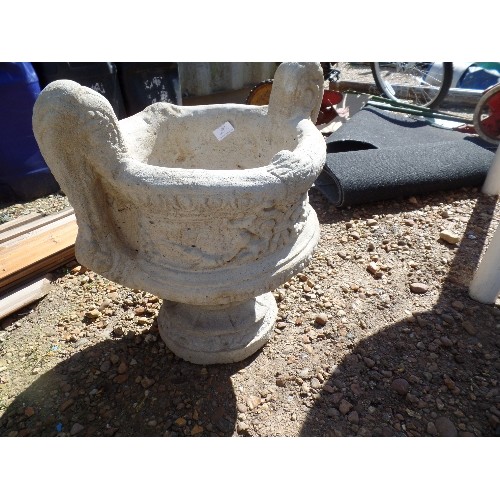 541 - A PAIR OF GRECIAN-STYLE, 2-HANDLED GARDEN URNS.