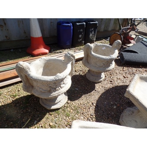 541 - A PAIR OF GRECIAN-STYLE, 2-HANDLED GARDEN URNS.