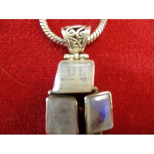 37 - A CONTEMPORARY STYLE DESIGNER LABRADORITE PENDANT, MARKED 925, ON A PANDORA SILVER METAL CHAIN