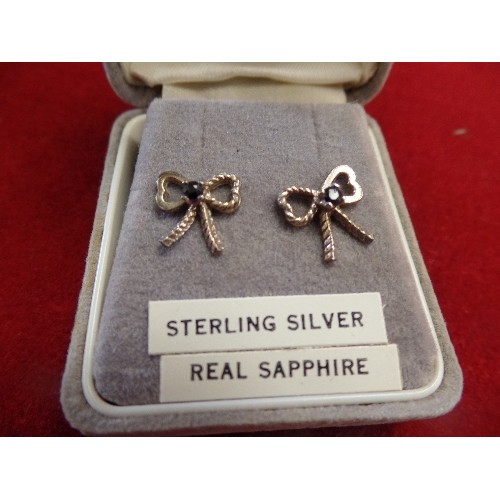 48 - STERLING SILVER JEWELLERY BOW EARRINGS WITH BLACK SAPPHIRES,  VINTAGE SILVER & MARCASITE ETERNITY RI... 