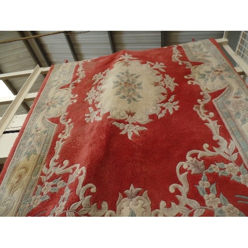 151A - LARGE WOOL RUG. PATTERNED. BURGUNDY/SAGE/CREAM. CHINESE VERY GOOD QUALITY, LINED AND HEAVY