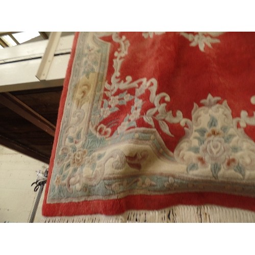 151A - LARGE WOOL RUG. PATTERNED. BURGUNDY/SAGE/CREAM. CHINESE VERY GOOD QUALITY, LINED AND HEAVY