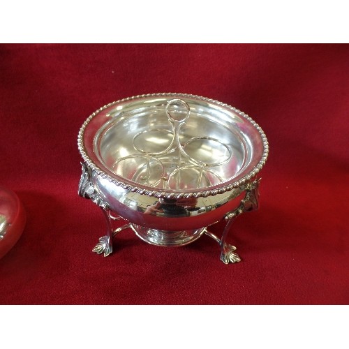 45 - A SUPERB EDWARDIAN STERLING SILVER EGG CODDLER ON STAND WITH BURNER AND REMOVABLE EGG STAND. ALL PIE... 