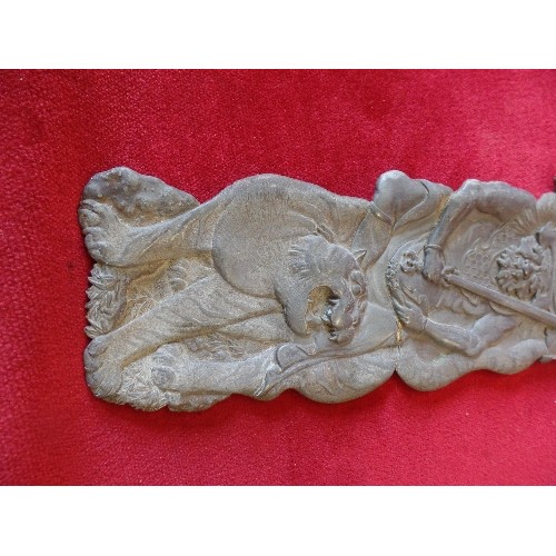 53 - AN UNUSUAL ANTIQUE CHINESE METAL PLAQUE DEPICTING A GOD OF WEALTH RIDING A TIGER WITH A VESSEL ON HI... 