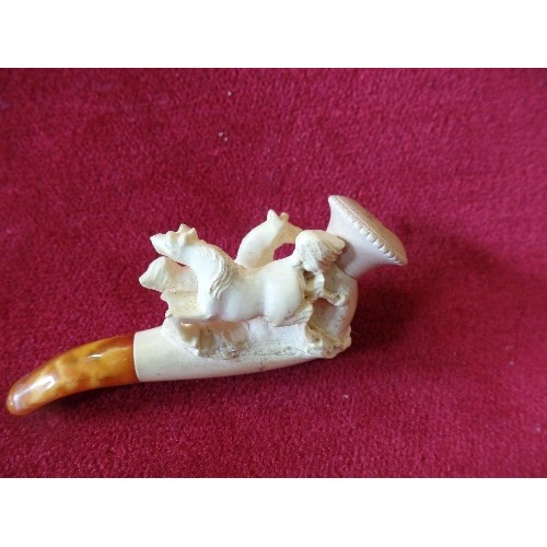 55 - VICTORIAN CARVED MEERSCHAUM PIPE CARVED WITH TWO HORSES  -WITH AMBER MOUTHPIECE, IN ORIGINAL FITTED ... 