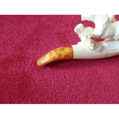 55 - VICTORIAN CARVED MEERSCHAUM PIPE CARVED WITH TWO HORSES  -WITH AMBER MOUTHPIECE, IN ORIGINAL FITTED ... 