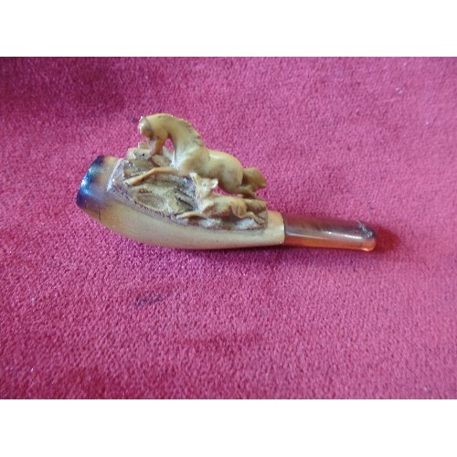 56 - VICTORIAN CARVED MEERSCHAUM PIPE CARVED WITH A HORSE AND A FOX  -WITH AMBER MOUTHPIECE, IN ORIGINAL ... 