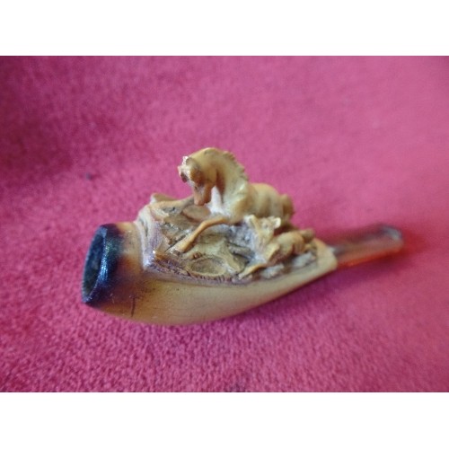 56 - VICTORIAN CARVED MEERSCHAUM PIPE CARVED WITH A HORSE AND A FOX  -WITH AMBER MOUTHPIECE, IN ORIGINAL ... 