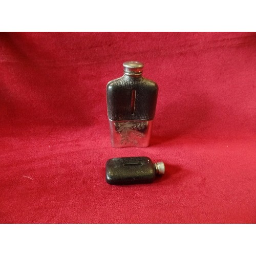 57 - TWO EDWARDIAN LEATHER COVERED SPIRIT FLASKS, THE LARGER ONE BY JAMES DIXON & SONS SHEFFIELD WITH ETC... 