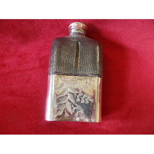 57 - TWO EDWARDIAN LEATHER COVERED SPIRIT FLASKS, THE LARGER ONE BY JAMES DIXON & SONS SHEFFIELD WITH ETC... 