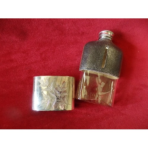 57 - TWO EDWARDIAN LEATHER COVERED SPIRIT FLASKS, THE LARGER ONE BY JAMES DIXON & SONS SHEFFIELD WITH ETC... 