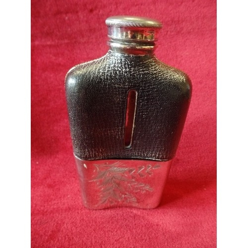 57 - TWO EDWARDIAN LEATHER COVERED SPIRIT FLASKS, THE LARGER ONE BY JAMES DIXON & SONS SHEFFIELD WITH ETC... 