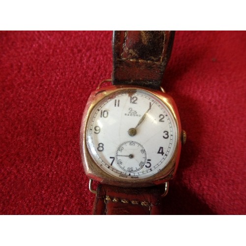 61 - VINTAGE 9CT GOLD GENTS WRIST WATCH BY RECORD - SWISS MADE - ENAMEL FACE, LEATHER STRAP - HALLMARKED ... 