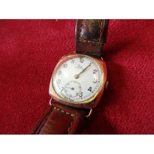 61 - VINTAGE 9CT GOLD GENTS WRIST WATCH BY RECORD - SWISS MADE - ENAMEL FACE, LEATHER STRAP - HALLMARKED ... 