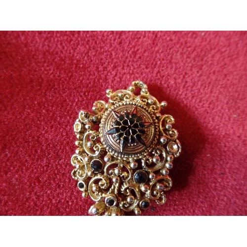 62 - 1930's SILVER AND MARCASITE BROOCH, A GOLD METAL AND BLACK RENAISSANCE STYLE BROOCH AND AN UNUSUAL S... 