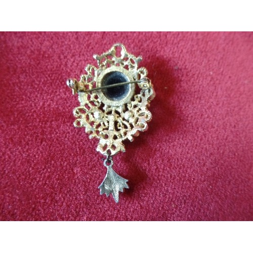 62 - 1930's SILVER AND MARCASITE BROOCH, A GOLD METAL AND BLACK RENAISSANCE STYLE BROOCH AND AN UNUSUAL S... 