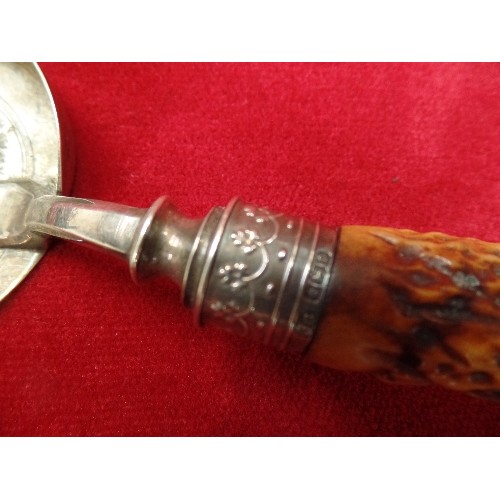 69 - AN EDWARDIAN HORN HANDLED CRUMB SCOOP WITH SILVER COLLAR - SHEFFIELD 1906 AND A WOODEN HANDLED BRUSH