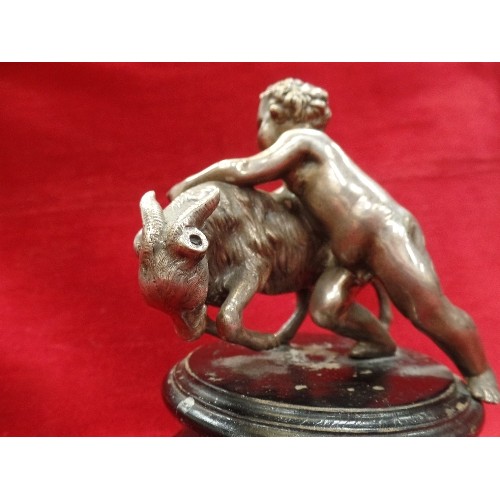 72 - A 19TH CENTURY SILVER PLATED FIGURE OF A CHERUB WRESTLING A GOAT IN THE CLASSICAL STYLE - ON AN EBON... 