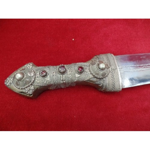 78 - TRADITIONAL MOROCCAN KOPUMMYA DAGGER - THE HANDLE DECORATED WITH WIRE WORK AND INLAID WITH RED BEADS... 