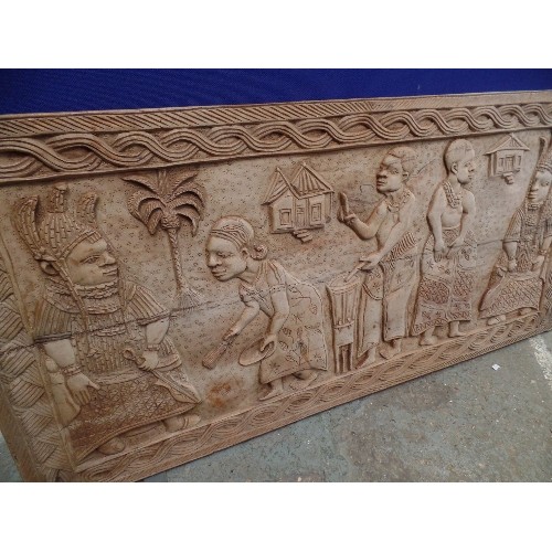 90 - A SECOND HALF 20TH CENTURY LARGE CARVED PANEL WITH  KINGS (OR GODS) WITH SUBJECTS - PROBABLY SOUTH P... 