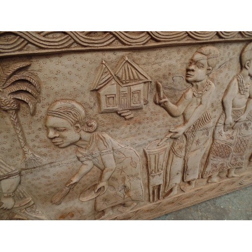 90 - A SECOND HALF 20TH CENTURY LARGE CARVED PANEL WITH  KINGS (OR GODS) WITH SUBJECTS - PROBABLY SOUTH P... 