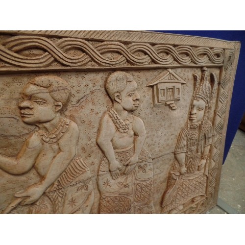 90 - A SECOND HALF 20TH CENTURY LARGE CARVED PANEL WITH  KINGS (OR GODS) WITH SUBJECTS - PROBABLY SOUTH P... 