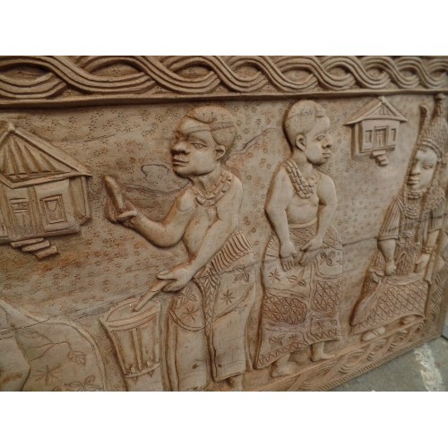 90 - A SECOND HALF 20TH CENTURY LARGE CARVED PANEL WITH  KINGS (OR GODS) WITH SUBJECTS - PROBABLY SOUTH P... 