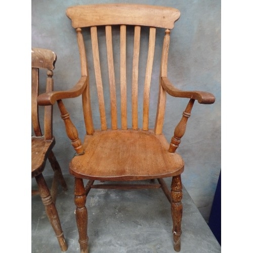 101 - A VICTORIAN GRANDFATHER CHAIR WITH LATHE BACK AND ELM SEAT, TOGETHER WITH A VICTORIAN LATHE BACK KIT... 