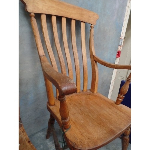 101 - A VICTORIAN GRANDFATHER CHAIR WITH LATHE BACK AND ELM SEAT, TOGETHER WITH A VICTORIAN LATHE BACK KIT... 