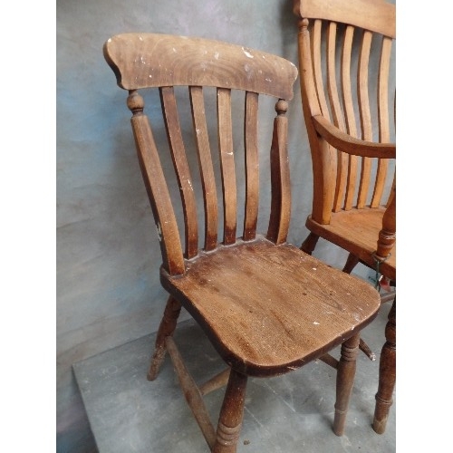 101 - A VICTORIAN GRANDFATHER CHAIR WITH LATHE BACK AND ELM SEAT, TOGETHER WITH A VICTORIAN LATHE BACK KIT... 