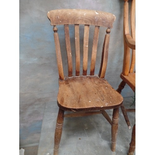 101 - A VICTORIAN GRANDFATHER CHAIR WITH LATHE BACK AND ELM SEAT, TOGETHER WITH A VICTORIAN LATHE BACK KIT... 