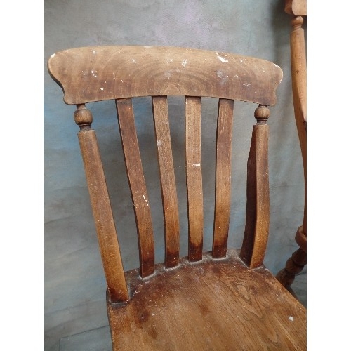 101 - A VICTORIAN GRANDFATHER CHAIR WITH LATHE BACK AND ELM SEAT, TOGETHER WITH A VICTORIAN LATHE BACK KIT... 