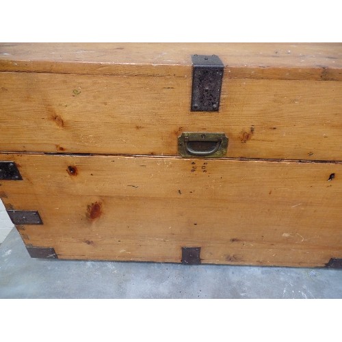 106 - A LARGE PINE METAL BOUND SEA CHEST WITH UNUSUAL SLOPING LID SECTION -93CM CX 56CM X 56CM